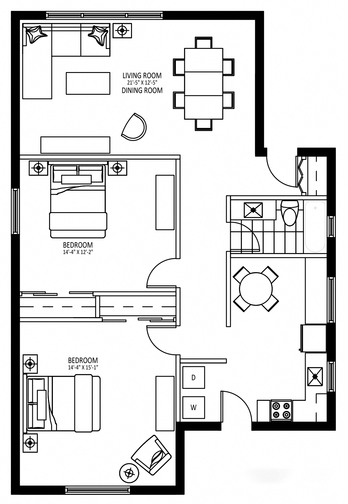 Floor plan for 2 beds, 1 bath, 1000 sqft